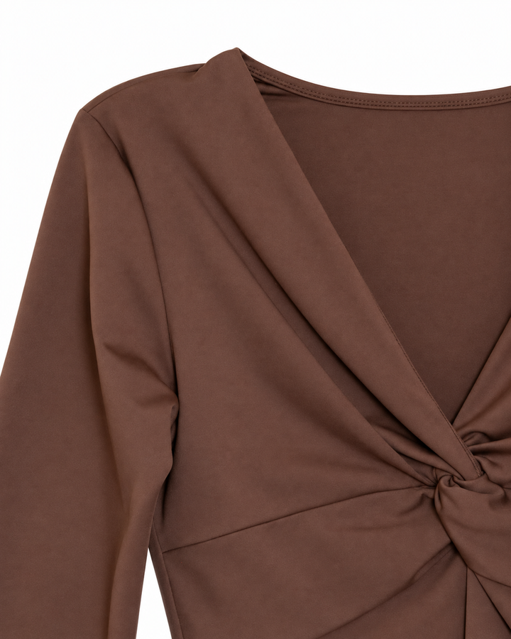 Ariza 50154, blusa Cali cruzada manga 3/4, Café, detalle