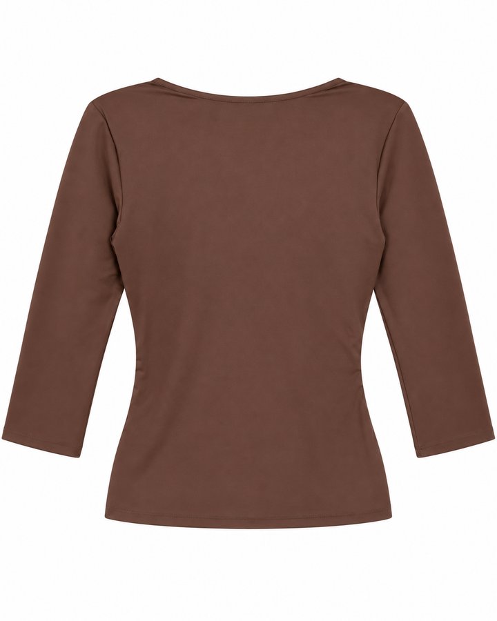 Ariza 50154, blusa Cali cruzada manga 3/4, Café, espalda
