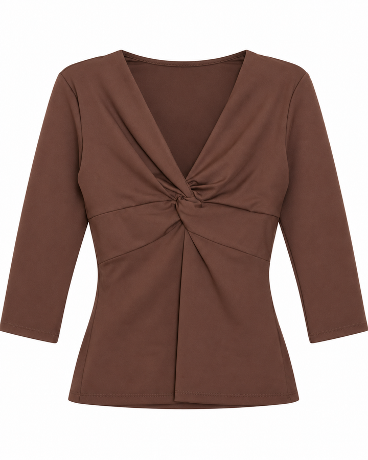 Ariza 50154, blusa Cali cruzada manga 3/4, Café, frente