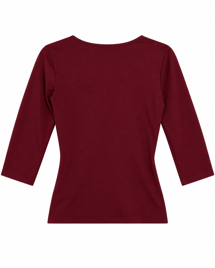 Ariza 50154, blusa Cali cruzada manga 3/4, Vino, espalda