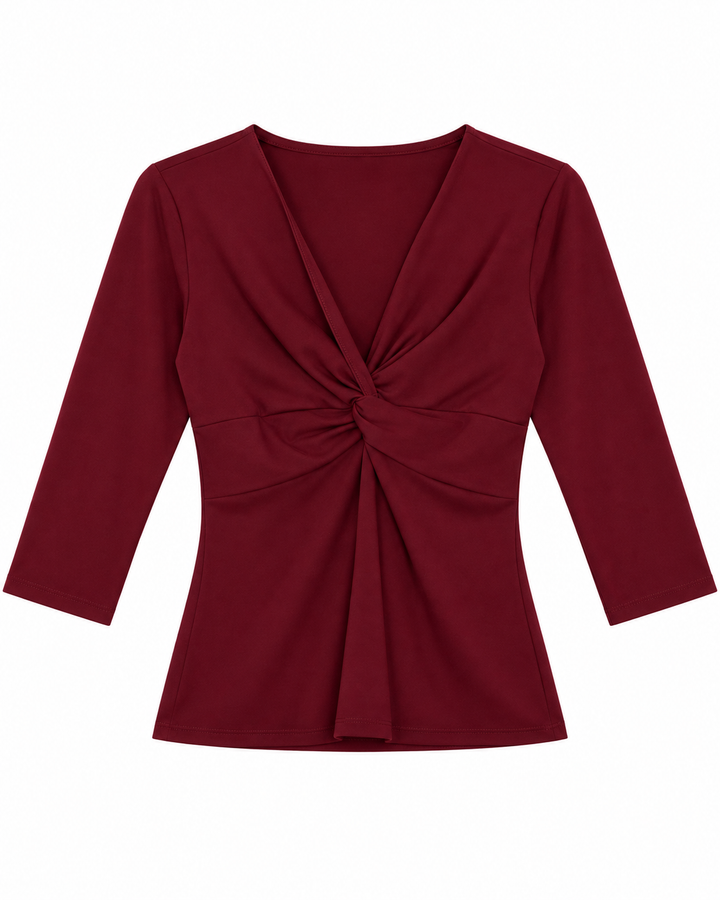 Ariza 50154, blusa Cali cruzada manga 3/4, Vino, frente