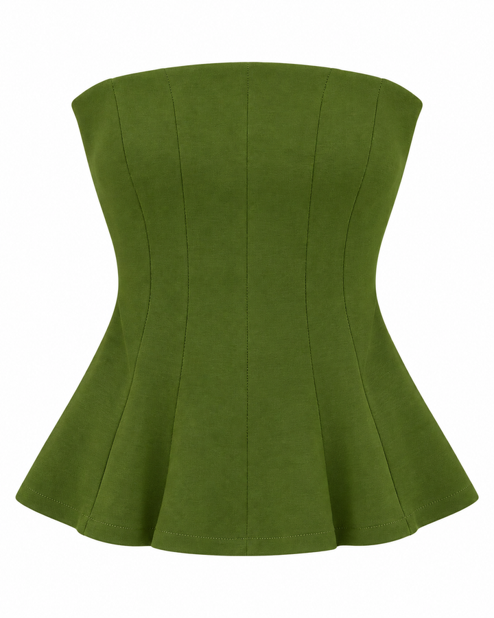 Ariza 50224, top strapless Princesa peplum, Verde Olivo, frente